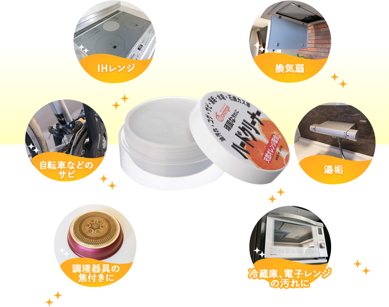 換気扇、湯垢、冷蔵庫、電子レンジの汚れ、調理器具の焦付き、自転車などのサビ、IHレンジ